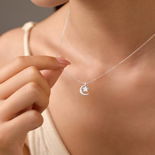 925 Sterling Silver Crescent Moon Necklace for Women | Crescent Choker Necklace 14K Gold Plated Dainty Half Moon Pendant Necklace for Mother Daughter Wedding Jewelry Gift - color: Silver-3