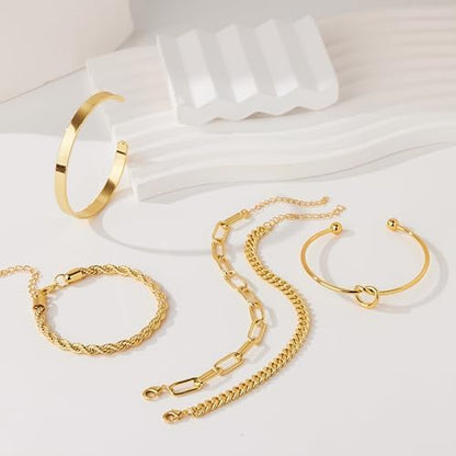 Gokeey Sterling Silver Cuff Bangle Bracelet Set for Women Waterproof, Non Tarnish S925 Silver Chunky Cuban Link Chain Heart Love Infinity Tie Knot Paperclip Beaded Twist Rope Silver Bracelets Fashion Jewelry Gifts Set - color: Gold-Stackable Bangles set