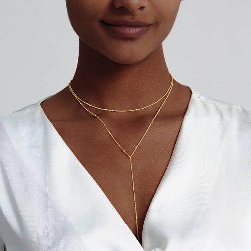 Luxval Lariat Gold Necklace for Women, Dainty Long Necklace 14k Gold Plated/Silver Y-Shaped Pendant Necklaces Trendy Beaded Chain Drop Necklaces Jewelry for Women Gifts - color: Gold-Y Satellite