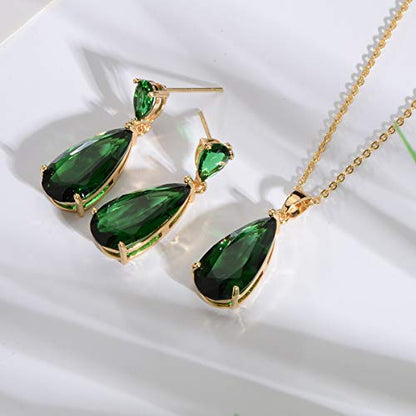 Wedding Jewelry Set for Bridesmaids - Sterling Silver Teardrop CZ Crystal Cubic Zirconia Rhinestone Diamond Bridal Necklace Earrings Set for Bride Mother of Bride Party Prom Birthstone Costume Jewelry - color: May-Emerald