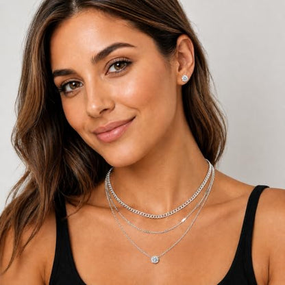 14K Gold Plated Necklace and Earrings Set for Women, 4-Piece | Layered Choker Necklace with CZ Stud Earrings, Gold Jewelry Set, Hypoallergenic Jewelry Gift for Women - color: Silver