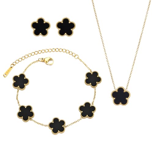 Clover Neckalce Earring Set for Women 14K Gold Plated Stainless Steel Four Leaf Clover Jewelry Set - color: G-Black