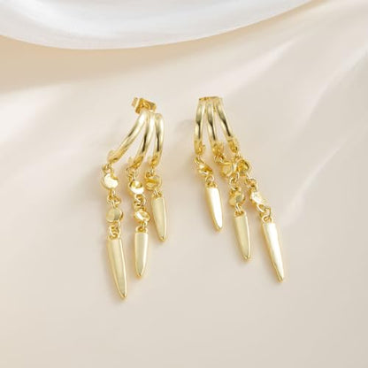 14K Gold Plated Dangle Earrings for Women, Dainty Hoop Huggie Studs, Long Hanging Tassel Chain Multi Pierced Ear Stacking Jewelry Gifts - color: Dangle-Gold