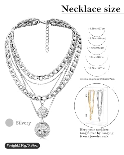 MJartoria Layered Necklaces for Women Trendy Retro Coin Pendant | Dainty Chunky Chain, Choker Necklaces, Jewelry Birthday Gifts - color: Silvery, style: A-Retro Coin-5 in 1 Layered