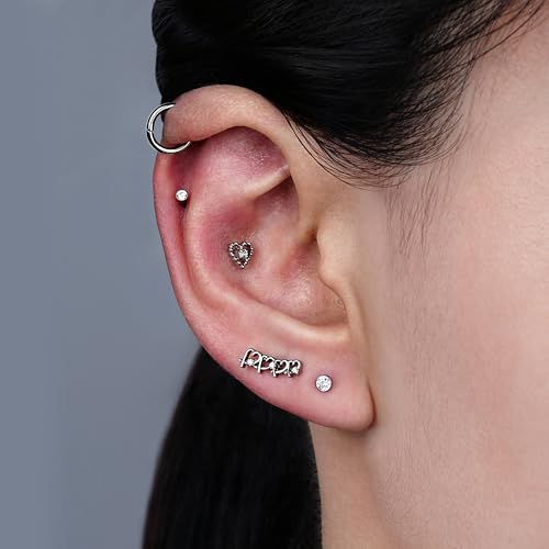 Hollow Heart Piercing Jewelry Collection - ASTM F136 Titanium Internally Threaded Flat Back Stud for Cartilage, Helix, Conch - color: Beaded heart - Tit