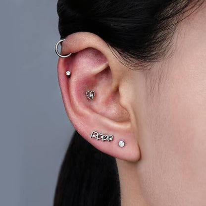Hollow Heart Piercing Jewelry Collection - ASTM F136 Titanium Internally Threaded Flat Back Stud for Cartilage, Helix, Conch - color: Beaded heart - Tit