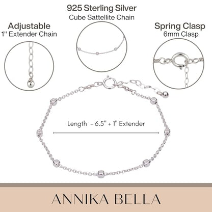 Stacking Bracelet Silver, Minimalist Simple Gourmet Satellite Rectangles Lace Heart Chain Bracelets, 925 Sterling Arm Jewelry for Women, Length 6.5-7.5 Inches - style: Cube Satellite Chain