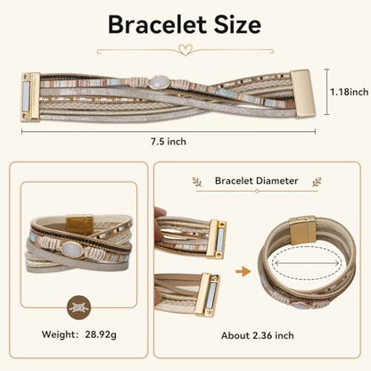 Vercret Leather Wrap Bracelet for Women, Multi-Layer Cuff Bangle | Boho Stacked Bracelets with Safe Clasp Western Bangle Jewelry Gift for Lady and Mom Sister Friend - style: Khaki