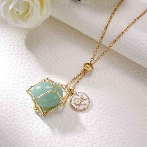 MIXJOY Black Obsidian Crystal Necklace for Women, Sun and Moon Celestial Pendant Protection Gift for Halloween Christmas - style: Green Aventurine Small
