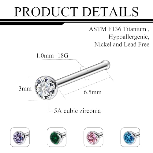 ASTM F136 Titanium Nose Rings 18G 20G 22G Jeweled Mix Color CZ Nose Studs Ring Screw L-Shaped Bone Hypoallergenic Nostril Body Piercing Jewelry for Women 1.5mm 2mm 2.5mm 3mm 10PCS - style: Bone:18G(1.0mm)-3mm CZ