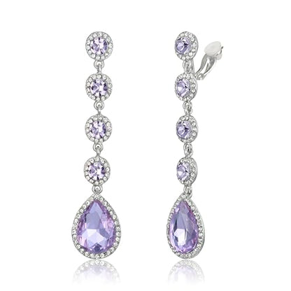 EleQueen Women's Wedding Crystal Teardrop Pear Shape 3 Inch Clip on Long Dangle Earrings for Bride Bridesmaid, Jewelry for Party Prom/Anniversary - color: Light Purple Silver-Tone