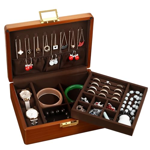 2 Layer Anti Tarnish Solid Wood Jewelry Organizer Box with Lock | Anti tarnish velvet storage for rings earrings necklaces watches wooden jewelry box for women men large locking vintage gift - color: Brown velvet, size: Standard 2-Tier(9.1"L x 7.1"W x 3.3