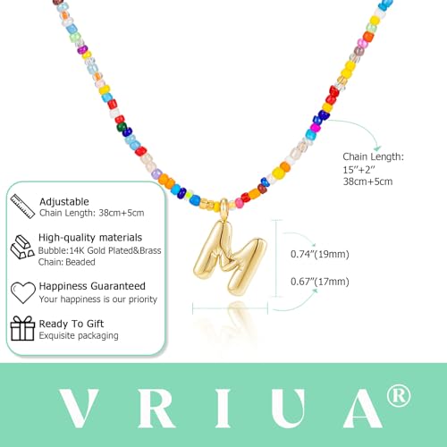 VRIUA Colorful Initial Necklaces for Women – Bubble Letter A-Z Necklace Handmade Beaded Necklace Dainty Initial Necklaces for Girls Kids - Teen Girls Gifts Trendy Jewelry - color: Gold, style: M