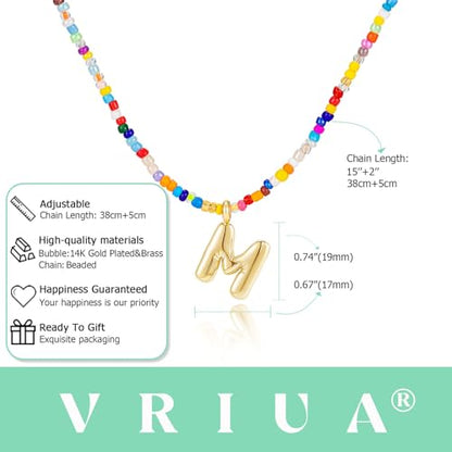 VRIUA Colorful Initial Necklaces for Women – Bubble Letter A-Z Necklace Handmade Beaded Necklace Dainty Initial Necklaces for Girls Kids - Teen Girls Gifts Trendy Jewelry - color: Gold, style: M