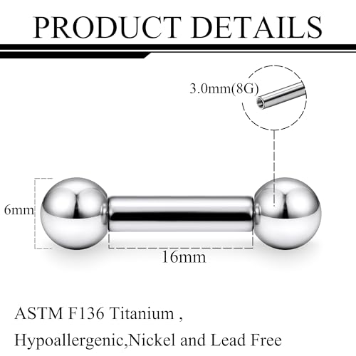 Ruifan Grade 23 Titanium Internally Threaded Nipple Piercing Jewelry Barbell Ring PA Tongue Rings Nipple Straight Body Piercing Jewelry for Women Men 16G 14G 12G 8G 6G 4G 2G - size: 8GA - 5/8" (16mm)