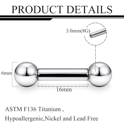 Ruifan Grade 23 Titanium Internally Threaded Nipple Piercing Jewelry Barbell Ring PA Tongue Rings Nipple Straight Body Piercing Jewelry for Women Men 16G 14G 12G 8G 6G 4G 2G - size: 8GA - 5/8" (16mm)