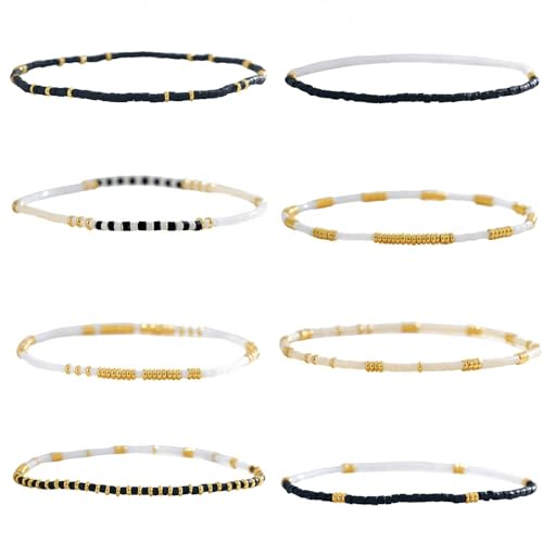 Colorful Stackable Rice Small Mini Seed Beaded Bracelets Set For Women, Handmade Dainty Boho Gold Glass Stretch Accessories Jewelry,Summer Beach Party Daily Friendship Gift - color: Black White