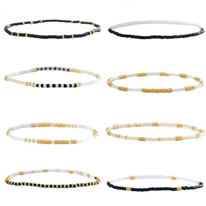 Colorful Stackable Rice Small Mini Seed Beaded Bracelets Set For Women, Handmade Dainty Boho Gold Glass Stretch Accessories Jewelry,Summer Beach Party Daily Friendship Gift - color: Black White