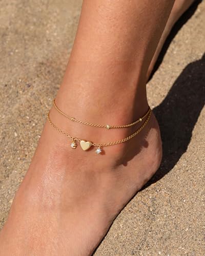 Gold/Silver Anklets for Women，Dainty 14K Gold Plated Waterproof Beaded Ankle Bracelet Non Tarnish Stackable Beach Jewelry Gift - style: 2pc-gold