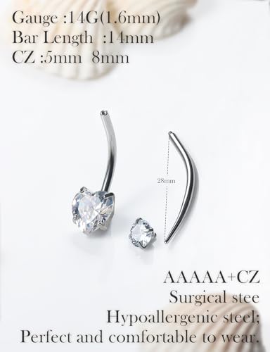 Oufksiyy Long and Extra Long Bar Belly Button Ring Internal Thread Hypoallergenic Surgical Stainless Steel 14mm 16mm 14 Gauge Navel Rings Cubic Zirconia Buuton Body Piercing Jewelry for Women Men - color: Double Heart Cubic Zirconia 14MM