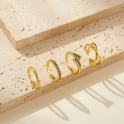 LOFITOR 4PCS Gold Toe Rings for Women Non Tarnish Waterproof Toe Ring Set | 14K Gold Filled Dainty Stackable Cute Thin Adjustable Open Band Toe Ring Cz Foot Jewelry For Beach Summer Hawaiian - style: Green CZ Style