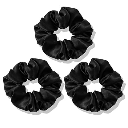 OLESILK 100% Mulberry Silk-Scrunchies for Hair Sleep, Women Grils Silk Hair Ties for Frizz & Breakage Curly Hair, No Damage, Elastics Ponytail Holder, 3 Pack - color: Dark Night Black