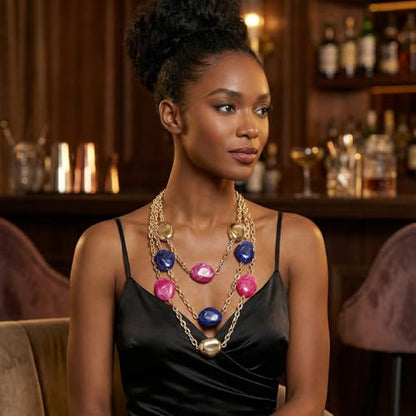 Bocar 3 Layered Statement Necklace for Women Multi Strand Necklace with Resin Beads, Chunky Layered Chain Necklace (NK-10826) - color: Rose Blue