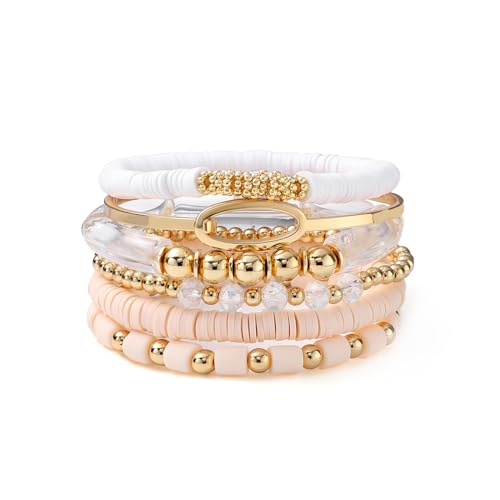 GOOJIDS Simple Beaded Gold Plated Bangles Bracelet Chunky Bamboo Tube Curved Stacking Clear Acrylic Colorful Beads Stretchable Gold Plated Bracelets Set For Women - color: A-A1 Clear Beads Bracelet