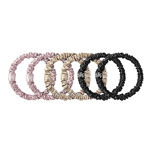 slip Skinny Scrunchies Multi | Set of 6 Pure Silk Skinny Scrunchies | Includes 2 Pink, 2 Caramel, 2 Black | 100% Mulberry Silk, Anti-Crease, Gentle on Hair, Reduces Breakage | Stylish & Durable - color: Black, Pink, Caramel