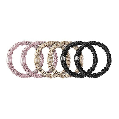 slip Skinny Scrunchies Multi | Set of 6 Pure Silk Skinny Scrunchies | Includes 2 Pink, 2 Caramel, 2 Black | 100% Mulberry Silk, Anti-Crease, Gentle on Hair, Reduces Breakage | Stylish & Durable - color: Black, Pink, Caramel