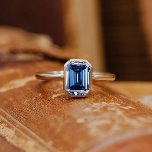 2.5CT Emerald Cut Moissanite Solitaire Ring, 14K Yellow Gold Engagement Ring, Bezel Setting, Statement Ring, Gift For Her, Wedding Ring By SHREESHYAMJEWELLS - color: Blue Moissanite