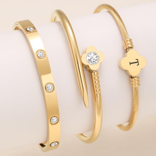 14K Gold Plated Personalized Flower Bracelet Set with Initial Charm Trendy Stackable Jewelry for Women - style: style1 T