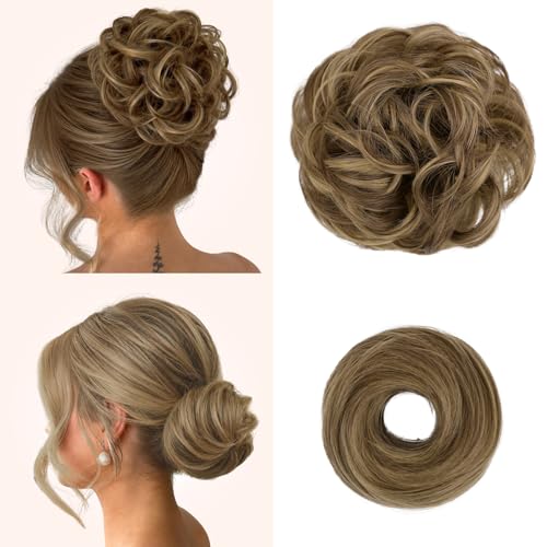2PCS Messy Bun Hair Pieces Synthetic Hairpieces For Women | Messy Bun and Donut Bun in one set for natural-looking volume and elegant updos for every occasion. - color: Brown Mixed Honey Blonde