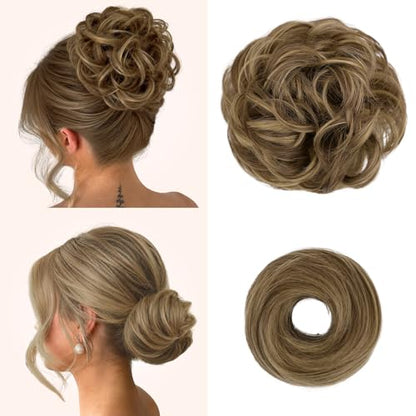 2PCS Messy Bun Hair Pieces Synthetic Hairpieces For Women | Messy Bun and Donut Bun in one set for natural-looking volume and elegant updos for every occasion. - color: Brown Mixed Honey Blonde