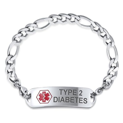 Bling Jewelry Personalize Medical Identification Medical ID Figaro Link Bracelet For Men Steel 8.5in Custom Engraved - style: Figaro-Type 2 diabetes