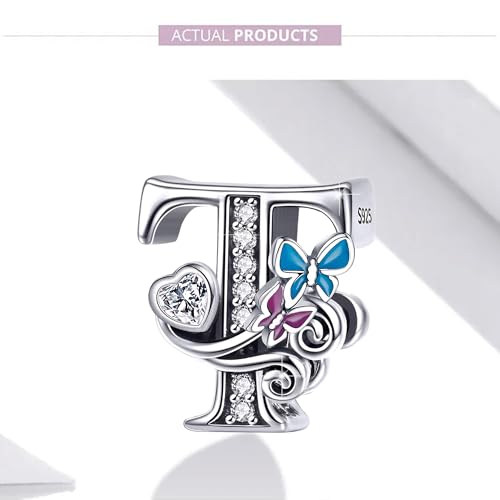 S925 Silver Butterfly Initial Letter Charms Fit for Pandora Charms Bracelets and Necklace Alphabet Bead Charms Jewelry Gifts for Women - color: T
