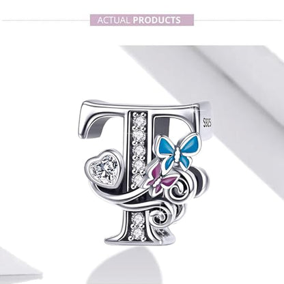 S925 Silver Butterfly Initial Letter Charms Fit for Pandora Charms Bracelets and Necklace Alphabet Bead Charms Jewelry Gifts for Women - color: T