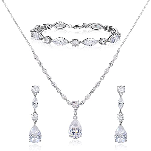 SWEETV Bridal Wedding Jewelry Set for Brides,Teardrop Bridesmaids Jewelry Set - color: 01.Silver
