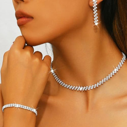 Aukmla Bridal Jewelry Set Silver Sparkly Choker Wedding Necklace Bracelet Earring Sets Prom Necklaces for Women and Brides - color: Silver