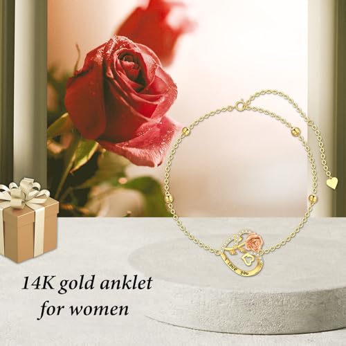 Aihpos 14K Solid Gold Heart Anklets for Women - Real Gold Flower Ankle Bracelets 14 Karat Anklets for Her, 8+2 Inch