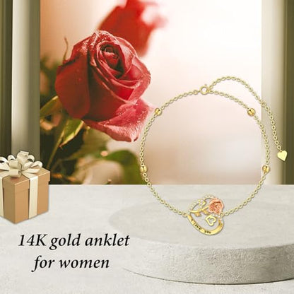 Aihpos 14K Solid Gold Heart Anklets for Women - Real Gold Flower Ankle Bracelets 14 Karat Anklets for Her, 8+2 Inch