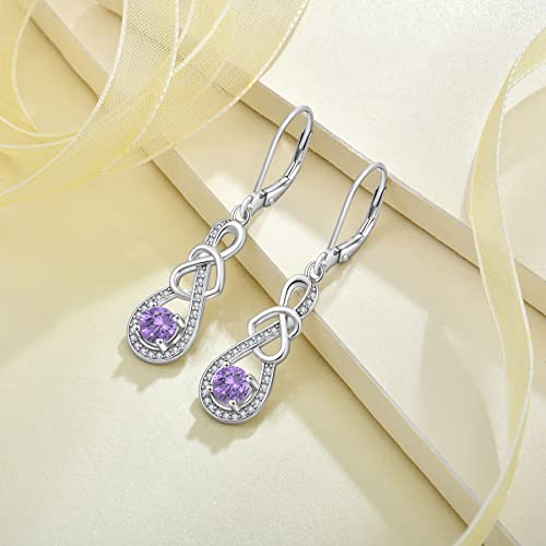 Dangle Drop Earrings for Women 925 Sterling Silver Heart Infinity Leverback Earrings Birthstone Jewelry Gifts for Women Wife Girlfriend Mother Daughter Her - color: 02 February - Amethyst