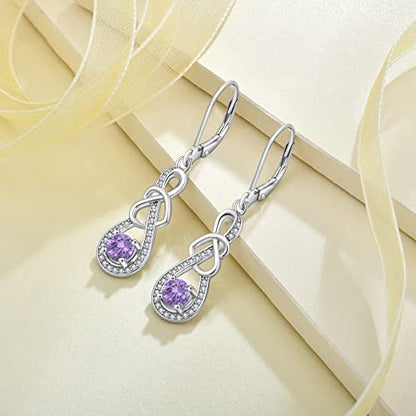 Dangle Drop Earrings for Women 925 Sterling Silver Heart Infinity Leverback Earrings Birthstone Jewelry Gifts for Women Wife Girlfriend Mother Daughter Her - color: 02 February - Amethyst