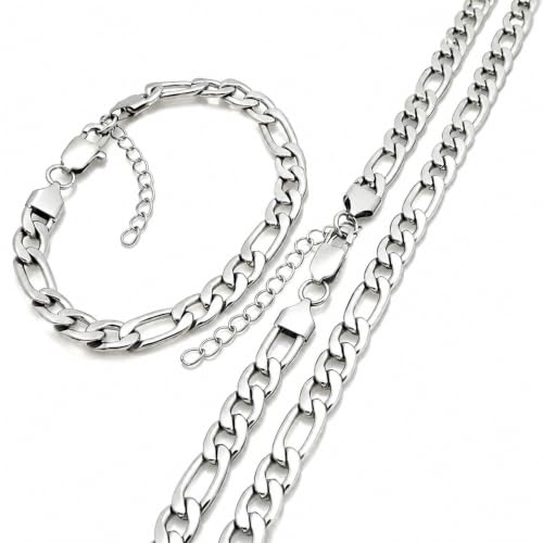 Kemstone Stainless Steel Figaro Cuban Bracelet Necklace Set for Men Women Jewelry - color: Silver 05
