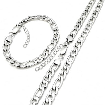 Kemstone Stainless Steel Figaro Cuban Bracelet Necklace Set for Men Women Jewelry - color: Silver 05