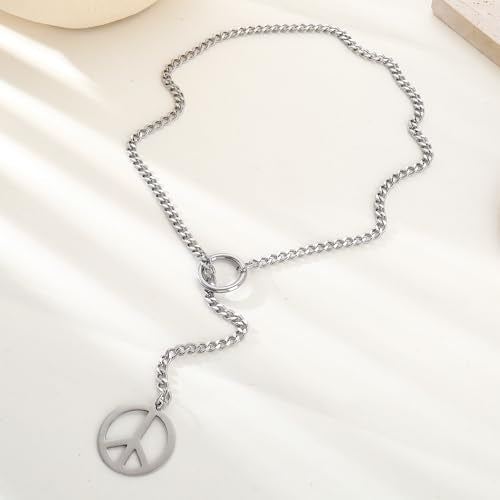 Slip Chain Choker for Women Handmade Black Stainless Steel Cuban Chain Chunky Moon Bat Raven Skull Pendant Gothic Punk Rock Collar Adjustable Lariat Y Necklace for Men - style: peace sign hippie