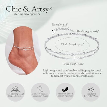CHIC & ARTSY 925 Sterling Silver Ankle Bracelets for Women, Adjustable Layered Foot Chains with Nature & Symbol Charms, Lightweight Comfort Fit Boho Beach Everyday Jewelry - color: Cross/silver