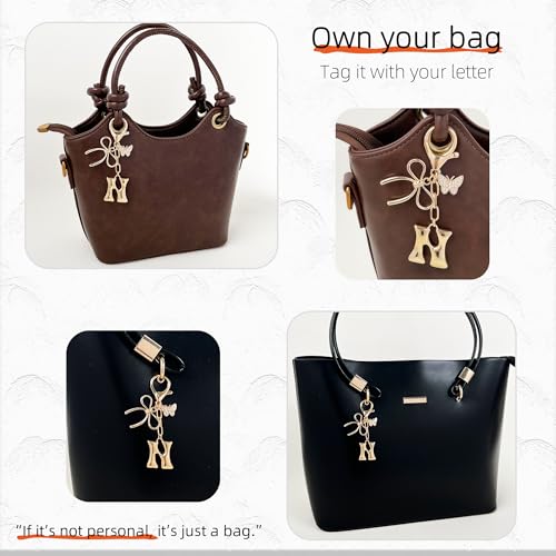 Gold Bubble Heart, Cherry, Bow & More Designs Letter Initial Keychain Bag Charms – Cute Purse Charms for Handbags - color: Bow & Butterfly, style: N