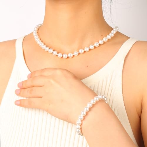 White 8mm Faux Hand Knotted Glass Imitation Pearls Necklace Earring Jewelry 3 Set for Women and Girls - style: 14.5 inches