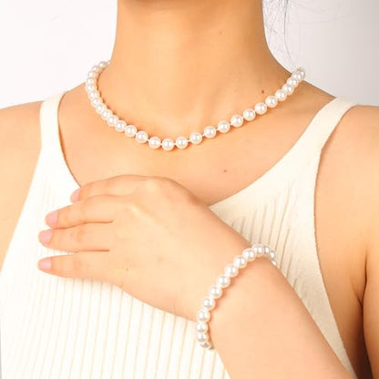 White 8mm Faux Hand Knotted Glass Imitation Pearls Necklace Earring Jewelry 3 Set for Women and Girls - style: 14.5 inches